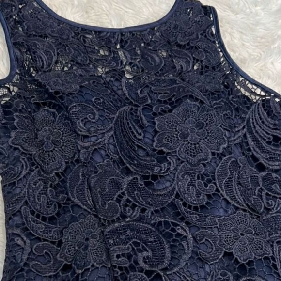 Adrianna Papell Illusion Neckline Navy Lace Sheath Dress - Picture 5 of 12